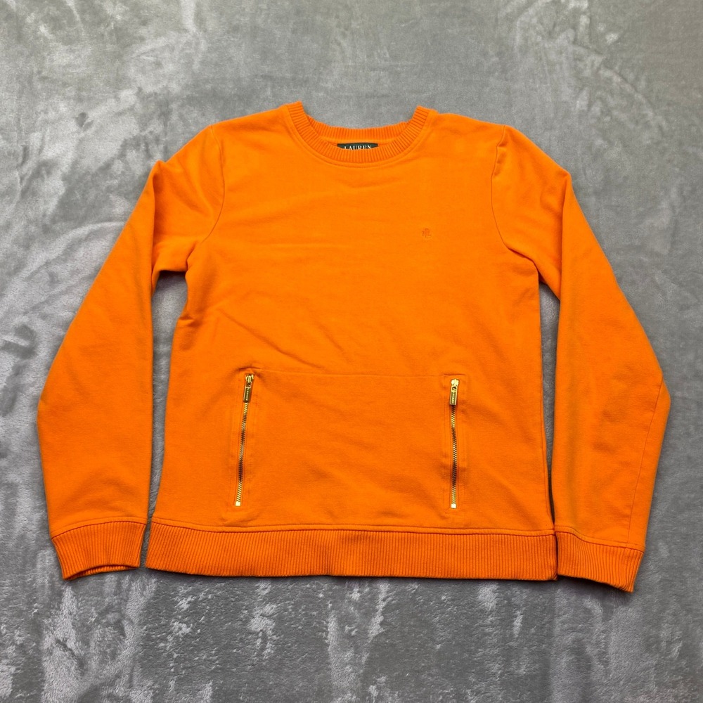 Lauren Ralph Lauren Orange Crewneck Sweatshirt with Gold Zip Pockets Size S Boho